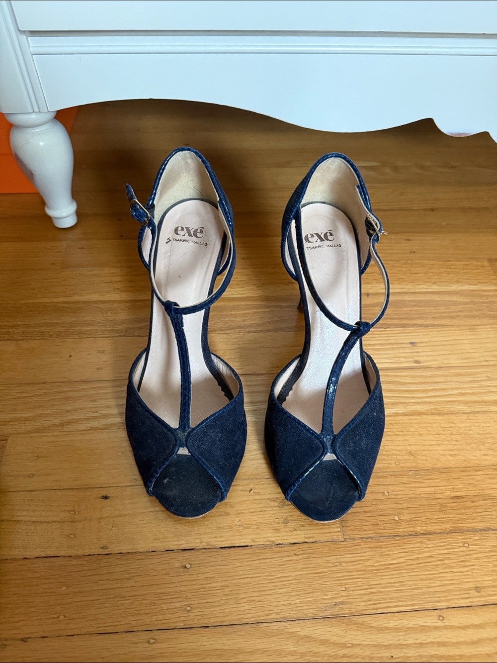 Navy T-Strap Suede Peep-Toe Heels